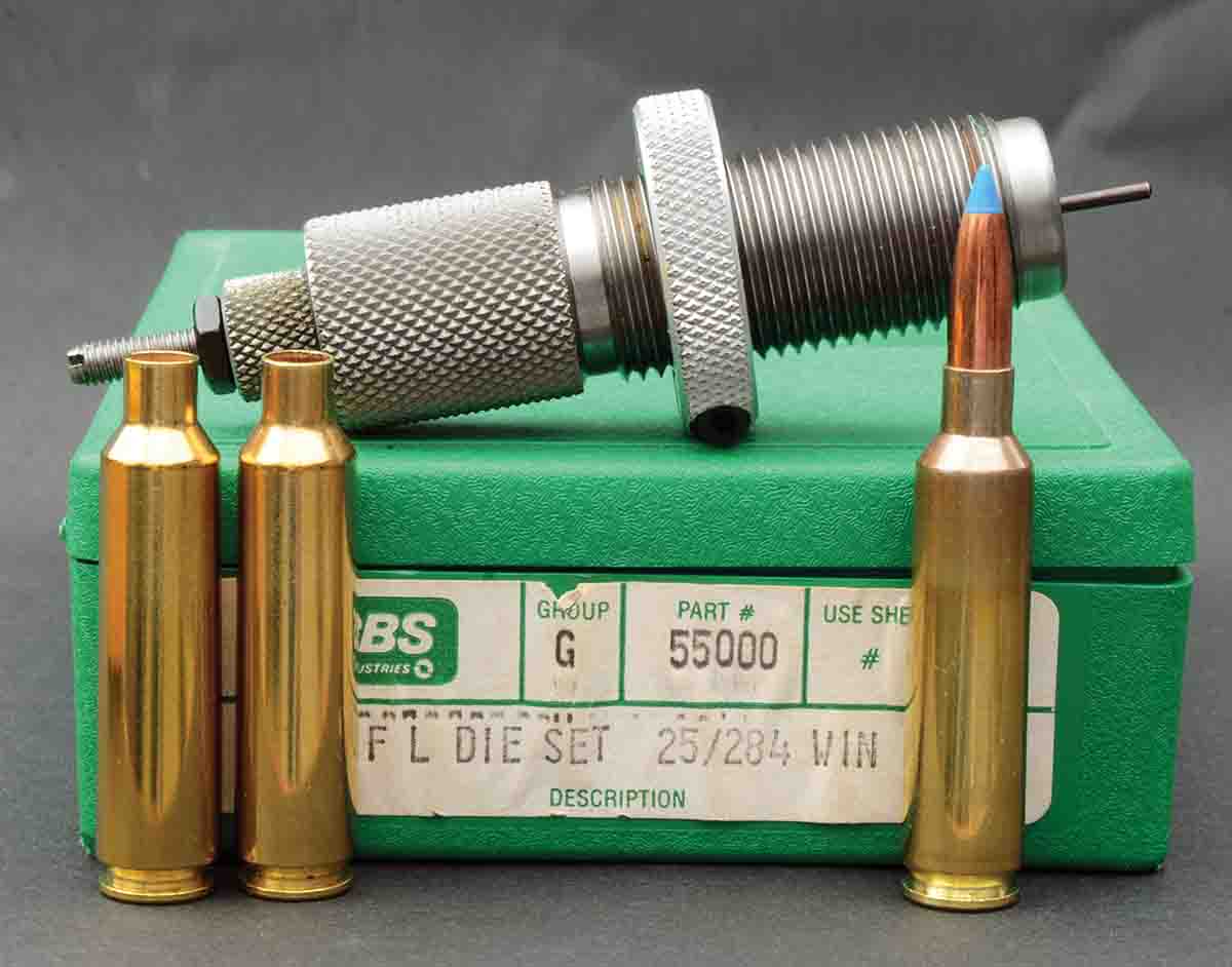 The scarcity of .284 Winchester cases prompted Layne to start necking down 6.5-284 cases to .25 caliber. Shown  (left to right): is a 6.5-284 case, the same case necked down to .25 caliber with a RCBS full-length sizer die and a loaded  .25-284 (3-inch) round.